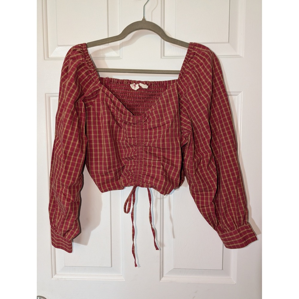 Levi's Plaid Ruched Crop Top Women's L Puff Sleeve Cottagecore Y2K